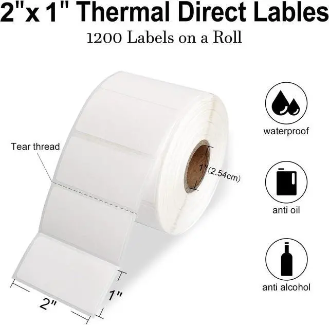 Alt view image 2 of 6 - 2" x 1" Direct Thermal Labels for UPC Barcodes, Address, Perforated & Compatible with All Kinds of Thermal Label Printer (5 Rolls, 1200/Roll)