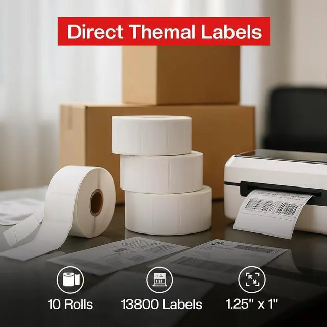 Alt view image 4 of 7 - 1 1/4 × 1Direct Thermal Printer Labels, 10 Rolls, 13,800 Matte White Thermal Barcode Labels with Strong Adhesive, 1" Core Compatible with Zebra & Eltron Printers (No Ink or Toner Needed)
