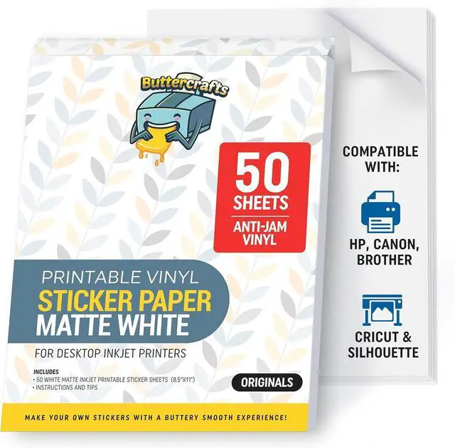 Main image of Matte Printable Vinyl Sticker Paper Waterproof 50 Sheets 8.5"x11", Inkjet Printer (HP, Canon, Brother Printers Compatible) - Weatherproof White Sticker Sheets - Strong Adhesive