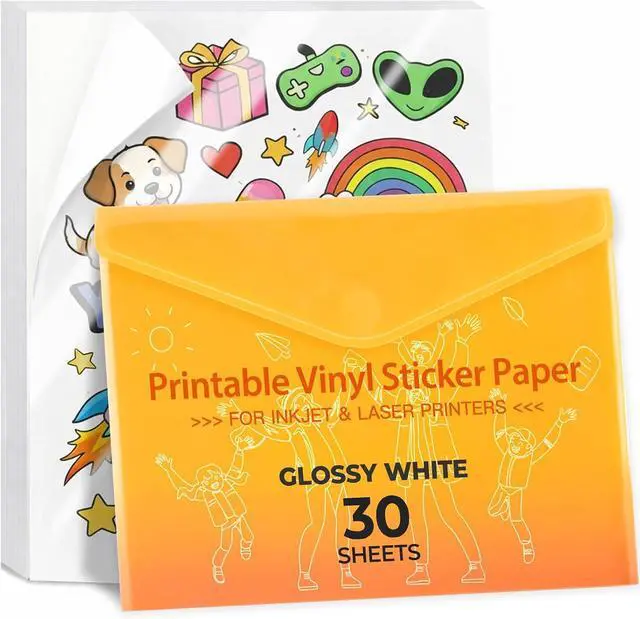 Main image of JANDJPACKAGING Printable Vinyl for Inkjet & Laser Printer - 30 Pack Printable Vinyl Sticker Paper Glossy White - Standard Letter Size 8.5"x11"