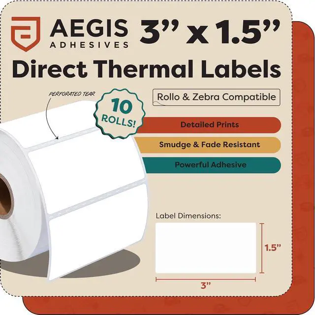 Alt view image 2 of 7 - Aegis Adhesives - 3" X 1.5" Direct Thermal Labels (9000 Count, 10 Rolls) - Inventory SKU Barcode Labels, Address Stickers, and Shelf Identification - Compatible with Zebra and Rollo Printers