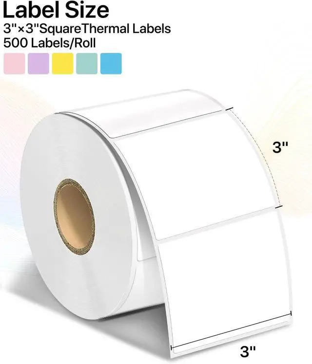 Alt view image 2 of 7 - Square Thermal Label Stickers, 3" x 3" (76.2mm x 76.2mm) Self-Adhesive Thermal Labels Square Direct Thermal Stickers Compatible with Thermal Label Printers, 500 Labels/Roll White