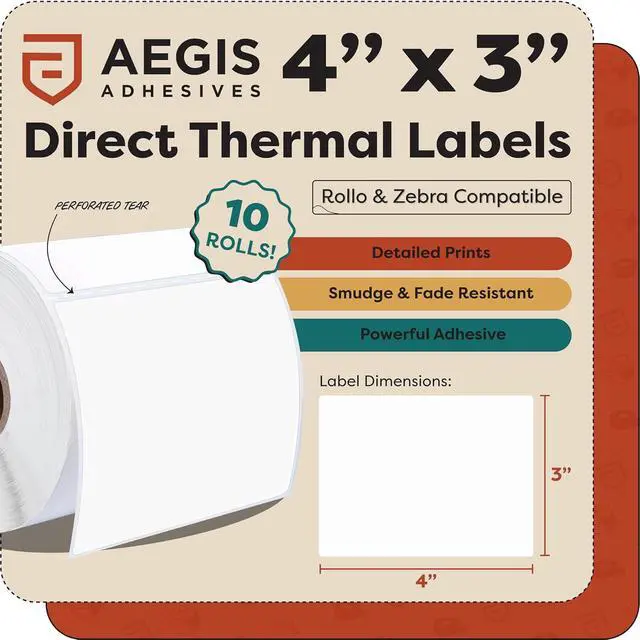 Alt view image 2 of 7 - Aegis Adhesives - 4" X 3" Direct Thermal Labels (5000 Count, 10 Rolls) - Shipping and Postage Barcode Labels, Product Packaging Identification - Compatible with Zebra and Rollo Printers