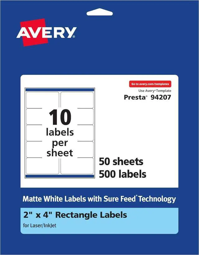 Main image of Avery Matte White Rectangle Labels, Sure Feed Technology, 2" x 4", 500 Matte White Printable Labels