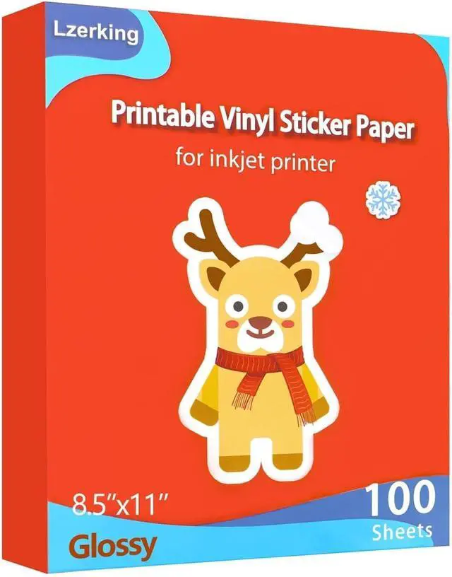 Main image of Lzerking Printable Vinyl Sticker Paper 100 Sheets Waterproof & Quick Dry, Glossy White, for Inkjet & Laser Printers, Compatible with Cricut, 8.5x11 Bulk Pack for DIY & Small Business