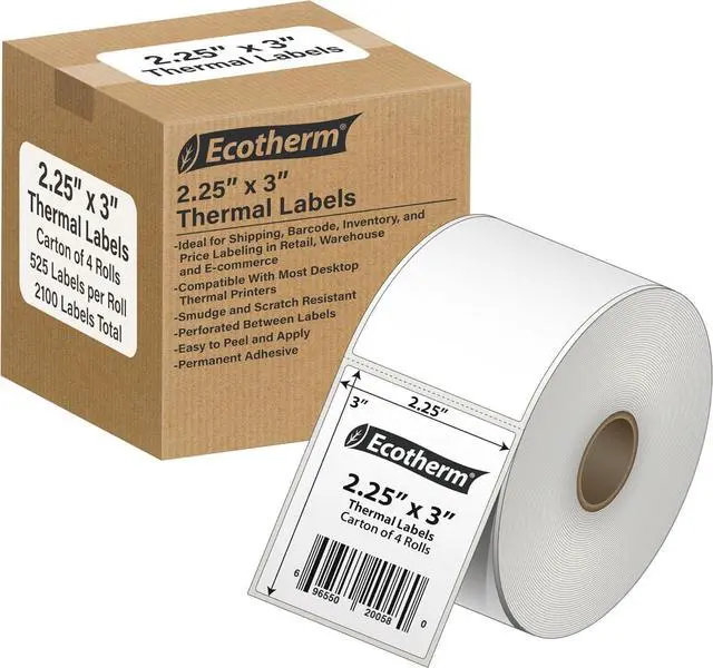 Main image of 2.25" x 3" Thermal Labels | 4 Rolls | 2100 Labels | fits Zebra, Munbyn, Rollo, Godex, Arkscan, iDPRT, Offnova Thermal Label Printers and More | Blank White Adhesive Stickers by Ecotherm