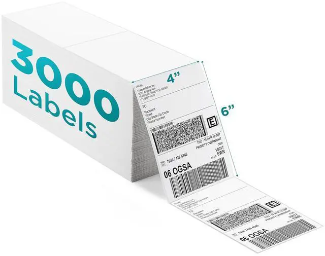 Main image of Shop4Mailers 4x6 Fanfold Direct Thermal White Adhesive Perforated Blank Address Shipping Labels for Packages, Compatible with Zebra & Rollo Printer (3000 Labels)