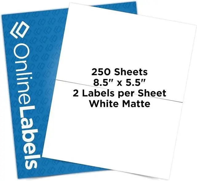 Main image of 8.5 x 5.5 Half-Sheet Shipping Labels - Permanent, White Matte - for FBA, FedEx, UPS - Pack of 500 Labels, 250 Sheets - Inkjet/Laser Printers - Online Labels
