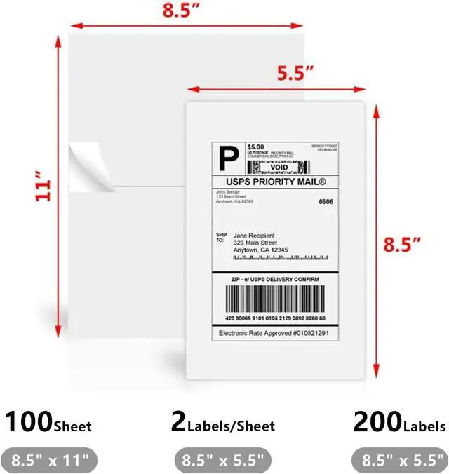 Alt view image 2 of 7 - 9527 Product 8.5" x 5.5" Half Sheet Self Adhesive Shipping Labels for Laser & Inkjet Printers, Easy to Peel Label, 100 Sheet 8.5 x 11 Address Labels, 2 Labels per Sheet (200 Labels)