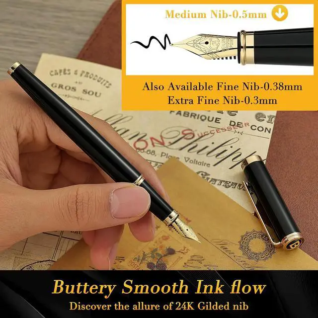 Alt view image 4 of 7 - BEILUNER Black Fountain Pen,Stunning Luxury Pens with 24K Gold Accents, Gorgeous 24K Gilded Nib(Medium), Trustworthy Pen Gift for Men&Women -Ink Converter-Elegant, Reliable,Nice Pen for Writing