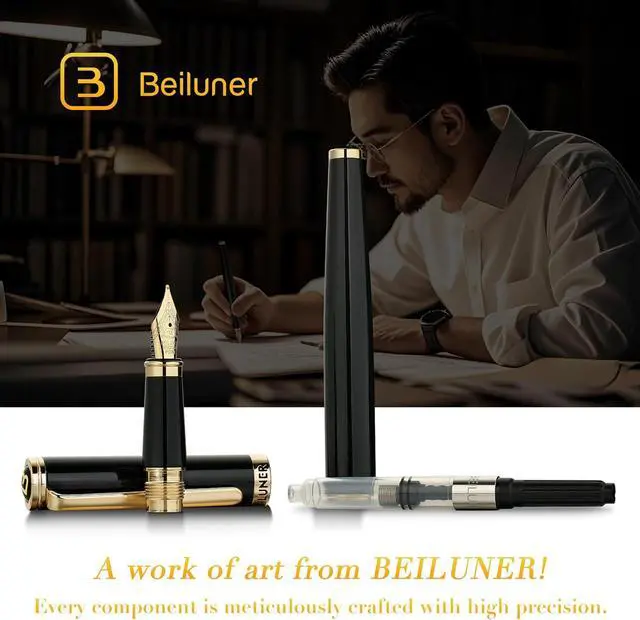 Alt view image 6 of 7 - BEILUNER Black Fountain Pen,Stunning Luxury Pens with 24K Gold Accents, Gorgeous 24K Gilded Nib(Medium), Trustworthy Pen Gift for Men&Women -Ink Converter-Elegant, Reliable,Nice Pen for Writing