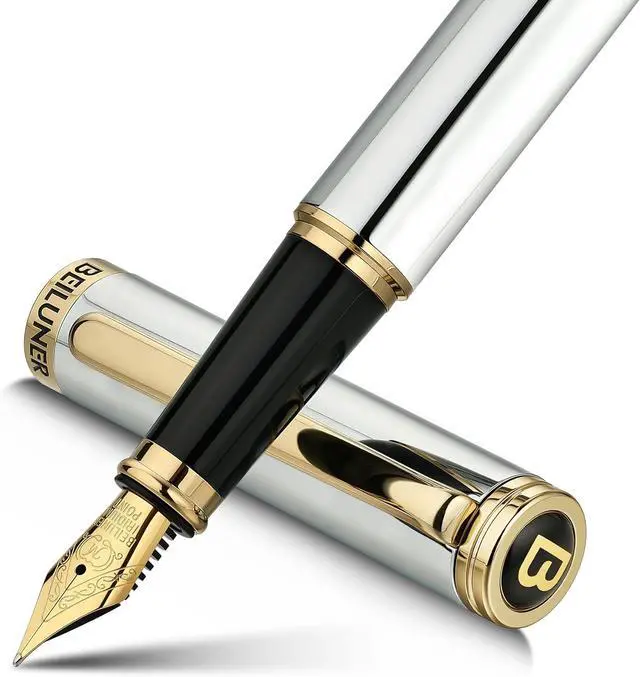 Main image of BEILUNER Silver Chrome Fountain Pen,Stunning Luxury with 24K Gold Accents, Gorgeous 24K Gilded Nib(Medium), Fancy Pen Gift for Men&Women -Ink Converter-Elegant, Office,Nice Pen for Writing