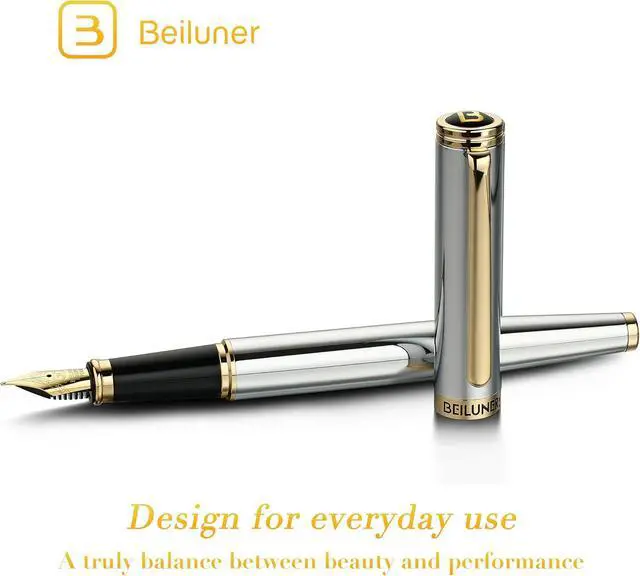 Alt view image 2 of 7 - BEILUNER Silver Chrome Fountain Pen,Stunning Luxury with 24K Gold Accents, Gorgeous 24K Gilded Nib(Medium), Fancy Pen Gift for Men&Women -Ink Converter-Elegant, Office,Nice Pen for Writing