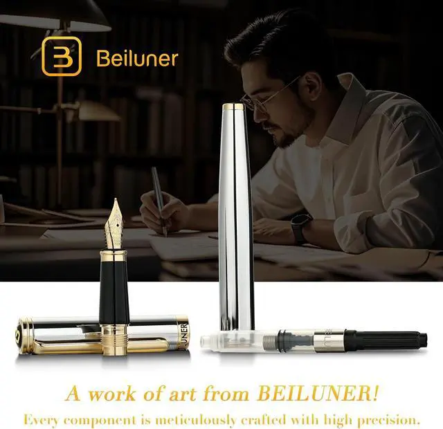 Alt view image 6 of 7 - BEILUNER Silver Chrome Fountain Pen,Stunning Luxury with 24K Gold Accents, Gorgeous 24K Gilded Nib(Medium), Fancy Pen Gift for Men&Women -Ink Converter-Elegant, Office,Nice Pen for Writing