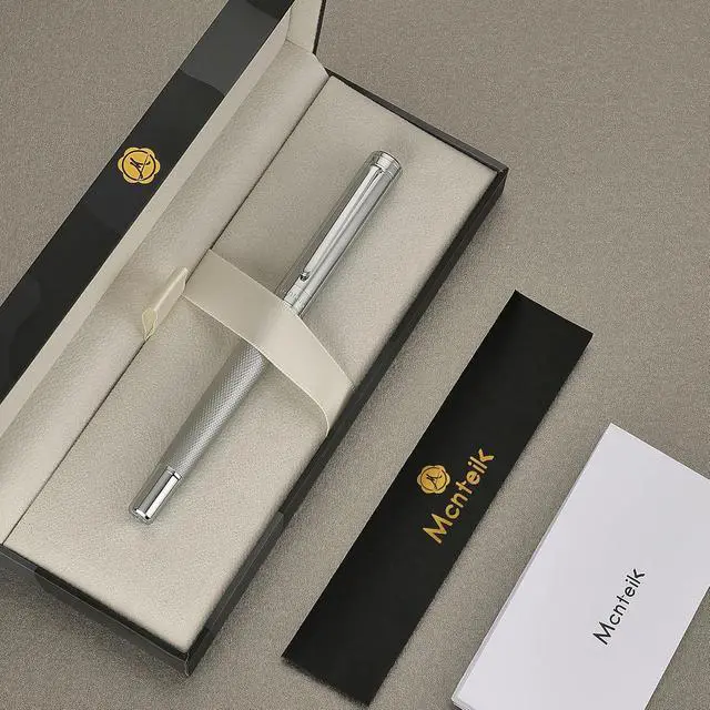Alt view image 2 of 7 - MCNTEIK Silver Rollerball Pen, Stunning Luxury Pen with Mesh Texture Design, Bright Silver Chrome Finish, Schmidt refill, Nice Gift Set for Men & Women, Executive, Office, Graduation, Fancy Pens