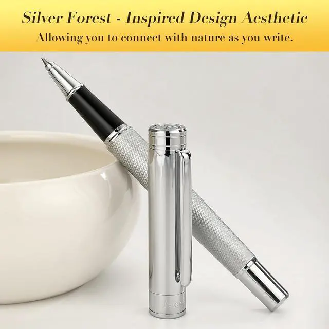 Alt view image 4 of 7 - MCNTEIK Silver Rollerball Pen, Stunning Luxury Pen with Mesh Texture Design, Bright Silver Chrome Finish, Schmidt refill, Nice Gift Set for Men & Women, Executive, Office, Graduation, Fancy Pens