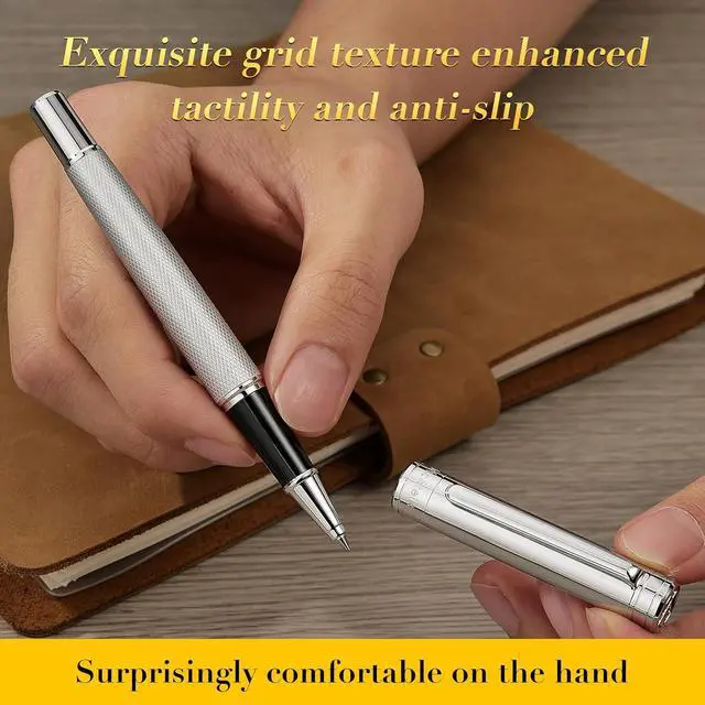 Alt view image 5 of 7 - MCNTEIK Silver Rollerball Pen, Stunning Luxury Pen with Mesh Texture Design, Bright Silver Chrome Finish, Schmidt refill, Nice Gift Set for Men & Women, Executive, Office, Graduation, Fancy Pens