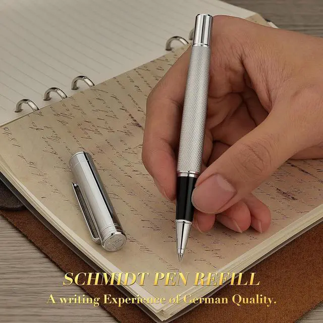 Alt view image 7 of 7 - MCNTEIK Silver Rollerball Pen, Stunning Luxury Pen with Mesh Texture Design, Bright Silver Chrome Finish, Schmidt refill, Nice Gift Set for Men & Women, Executive, Office, Graduation, Fancy Pens