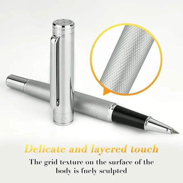 Alt view image 6 of 7 - MCNTEIK Silver Rollerball Pen, Stunning Luxury Pen with Mesh Texture Design, Bright Silver Chrome Finish, Schmidt refill, Nice Gift Set for Men & Women, Executive, Office, Graduation, Fancy Pens