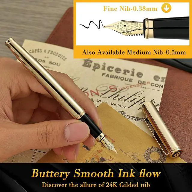 Alt view image 4 of 7 - BEILUNER Gold Fountain Pen,Stunning Luxury Pens with 24K Gold Finish, Gorgeous 24K Gilded Nib(Fine), Trustworthy Pen Gift for Men&Women -Ink Converter-Elegant, Professional, Nice Pen for Writing