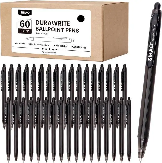 Main image of Black Pens Bulk, 60 Pack Durawrite Retractable Ballpoint Pens Black Ink 1.0mm, Click Pens No Bleed No Skip Smooth & Vivid Writing for Teachers, Students, Restaurant Servers, School & Office Supplies