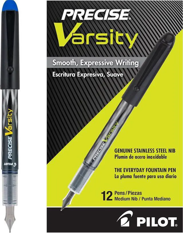Main image of PILOT Precise Varsity Pre-Filled Fountain Pens, Medium Point Stainless Steel Nib, Blue Ink, 12-Pack (90011)