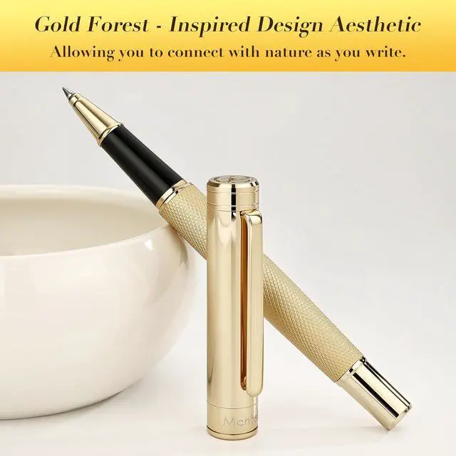 Alt view image 4 of 7 - MCNTEIK Gold Rollerball Pen, Stunning Luxury Pen with Mesh Texture Design and 24K Gold Finish, Fancy Gift Set for Men & Women, Business Signature, Executive, Office, Nice Fancy Designer Pens