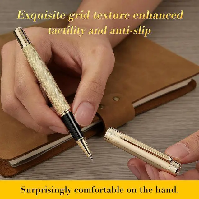 Alt view image 7 of 7 - MCNTEIK Gold Rollerball Pen, Stunning Luxury Pen with Mesh Texture Design and 24K Gold Finish, Fancy Gift Set for Men & Women, Business Signature, Executive, Office, Nice Fancy Designer Pens