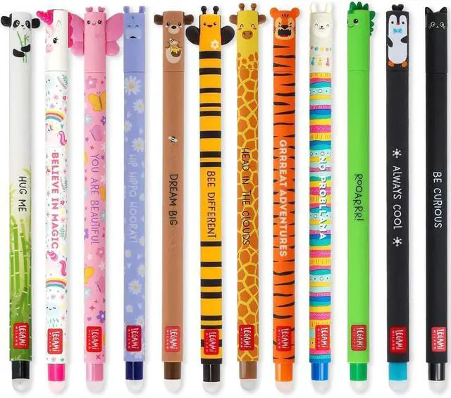 Main image of LEGAMI Set of 12 Erasable Gel Pens with Thermosensitive Eraser Ink, Assorted Ink Colours and Barrel Designs, 0.7mm Tip, Animal