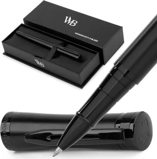 Main image of Wordsworth and Black Rollerball Pen - Luxury Pen - All Black Lacquer Finish, Ink Refill, Refillable Gift for Men & Women, Professional Writing, Nice and Fancy Pens and for Work