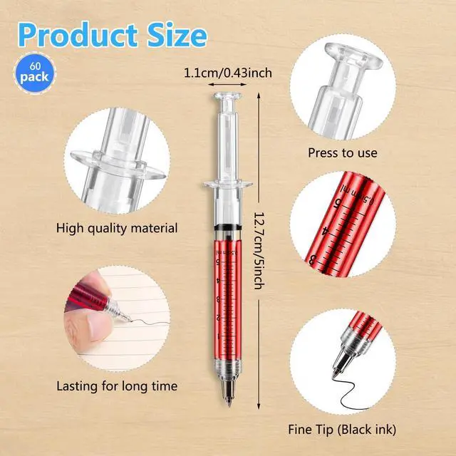 Alt view image 7 of 7 - Ballpoint Pens, 60-Pack Bulk Writing Pens for Office Use Syringe-Style Medical Design, Black Ink
