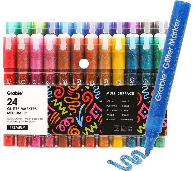 Main image of Grabie Glitter Markers, 24 Pack Medium Tip Acrylic Paint Makers for Canvas, Fabric, Rock Painting, Quick-Drying Water-Based Metallic Glitter Pens for Paper, DIY Crafts, Art Supplies for Kids & Adults