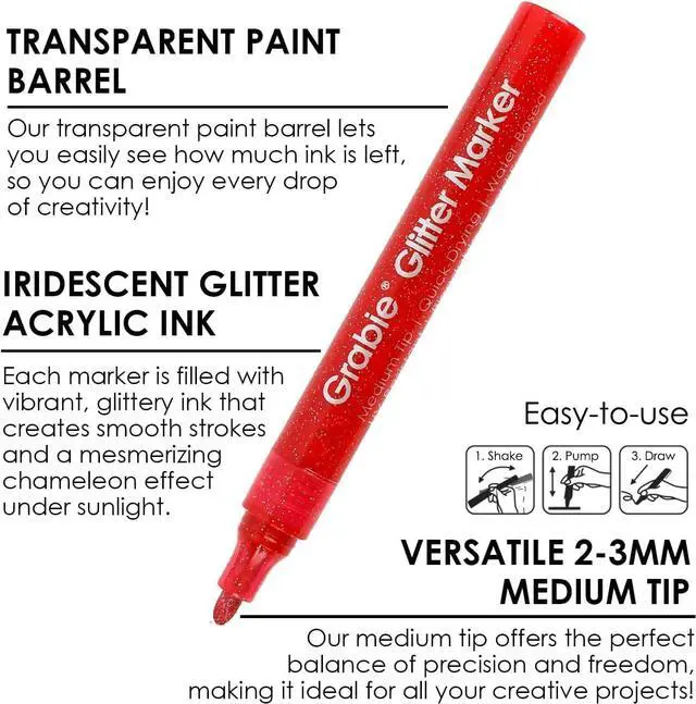 Alt view image 3 of 7 - Grabie Glitter Markers, 24 Pack Medium Tip Acrylic Paint Makers for Canvas, Fabric, Rock Painting, Quick-Drying Water-Based Metallic Glitter Pens for Paper, DIY Crafts, Art Supplies for Kids & Adults