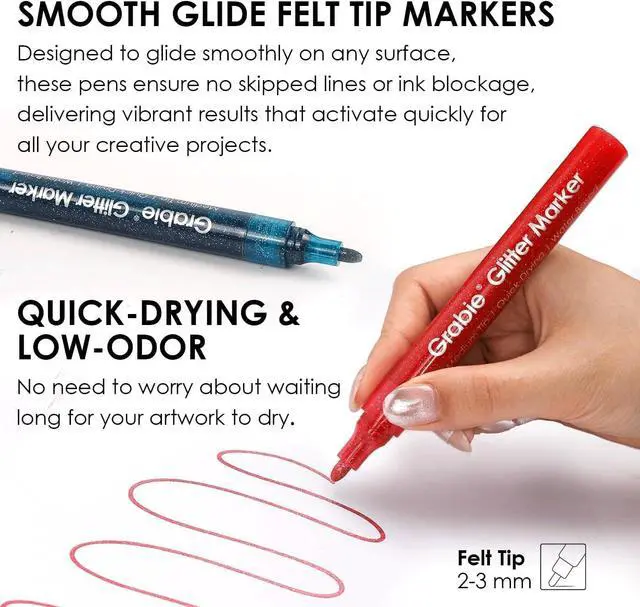 Alt view image 4 of 7 - Grabie Glitter Markers, 24 Pack Medium Tip Acrylic Paint Makers for Canvas, Fabric, Rock Painting, Quick-Drying Water-Based Metallic Glitter Pens for Paper, DIY Crafts, Art Supplies for Kids & Adults