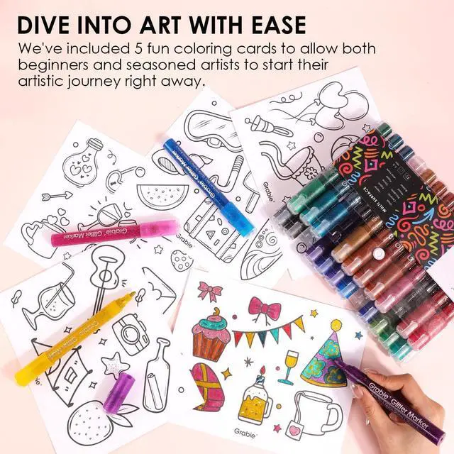Alt view image 7 of 7 - Grabie Glitter Markers, 24 Pack Medium Tip Acrylic Paint Makers for Canvas, Fabric, Rock Painting, Quick-Drying Water-Based Metallic Glitter Pens for Paper, DIY Crafts, Art Supplies for Kids & Adults