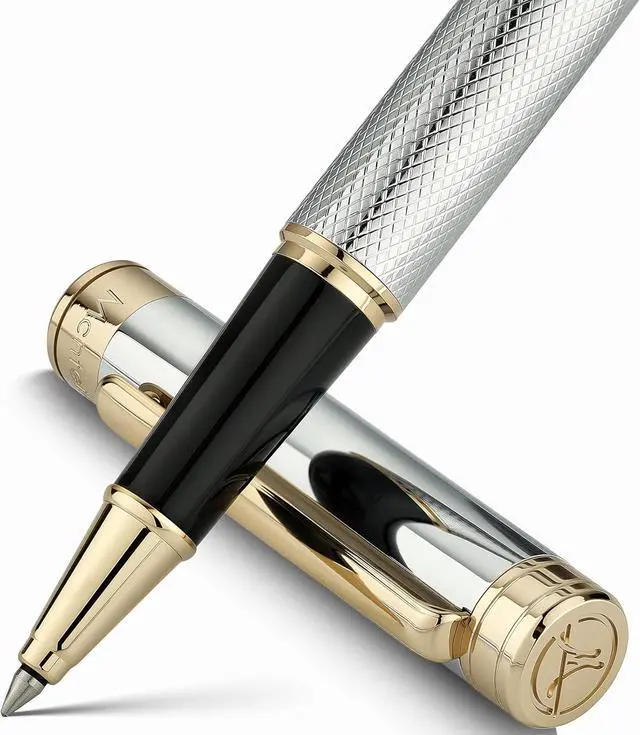 Main image of MCNTEIK Silver Chrome Rollerball Pen, Stunning Luxury Pen with Mesh Texture DesignSilver Chrome Finish and 24K Gold Accents, Nice Gift Set for Men & Women, Business, Executive, Office, Fancy Pens