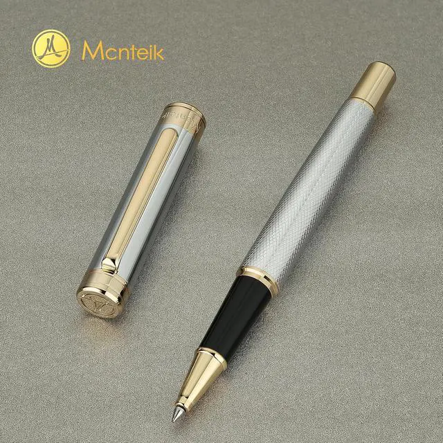 Alt view image 3 of 7 - MCNTEIK Silver Chrome Rollerball Pen, Stunning Luxury Pen with Mesh Texture DesignSilver Chrome Finish and 24K Gold Accents, Nice Gift Set for Men & Women, Business, Executive, Office, Fancy Pens
