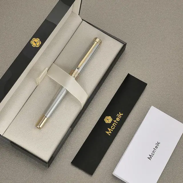 Alt view image 2 of 7 - MCNTEIK Silver Chrome Rollerball Pen, Stunning Luxury Pen with Mesh Texture DesignSilver Chrome Finish and 24K Gold Accents, Nice Gift Set for Men & Women, Business, Executive, Office, Fancy Pens