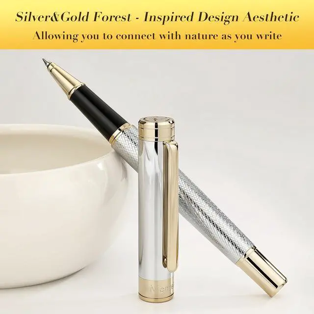 Alt view image 4 of 7 - MCNTEIK Silver Chrome Rollerball Pen, Stunning Luxury Pen with Mesh Texture DesignSilver Chrome Finish and 24K Gold Accents, Nice Gift Set for Men & Women, Business, Executive, Office, Fancy Pens