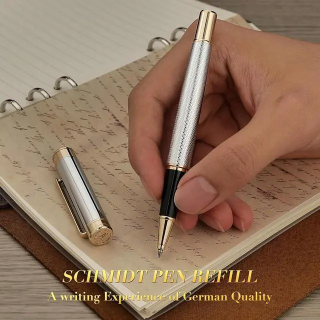 Alt view image 5 of 7 - MCNTEIK Silver Chrome Rollerball Pen, Stunning Luxury Pen with Mesh Texture DesignSilver Chrome Finish and 24K Gold Accents, Nice Gift Set for Men & Women, Business, Executive, Office, Fancy Pens