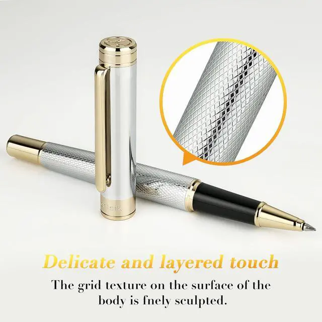 Alt view image 6 of 7 - MCNTEIK Silver Chrome Rollerball Pen, Stunning Luxury Pen with Mesh Texture DesignSilver Chrome Finish and 24K Gold Accents, Nice Gift Set for Men & Women, Business, Executive, Office, Fancy Pens