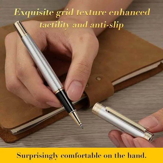 Alt view image 7 of 7 - MCNTEIK Silver Chrome Rollerball Pen, Stunning Luxury Pen with Mesh Texture DesignSilver Chrome Finish and 24K Gold Accents, Nice Gift Set for Men & Women, Business, Executive, Office, Fancy Pens
