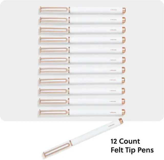 Alt view image 2 of 6 - U Brands Catalina Felt Tip Pens, Set of 12, White and Rose Gold, Medium (0.7 mm) Point, Black Ink