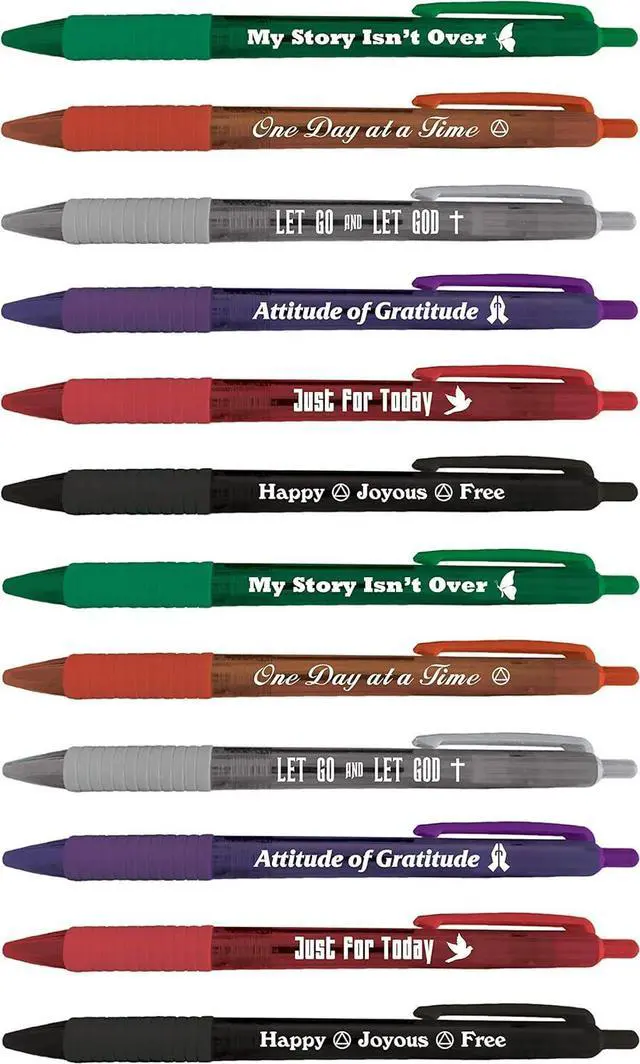 Main image of Greeting Pen Translucent 12 Pen Set with Recovery Quotes, 6 Designs 46011 Colorful Pens Great for Recovery Group Giveaways