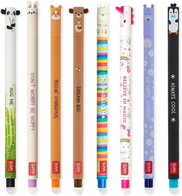 Main image of LEGAMI - Set of 8 Erasable Gel Pens with Thermosensitive Erase Ink, Range of ink colours & barrel designs, 0.7mm Tip, Panda, Bunny, Corgi, Teddy, Llama, Unicorn, Hippo, Penguin Designs