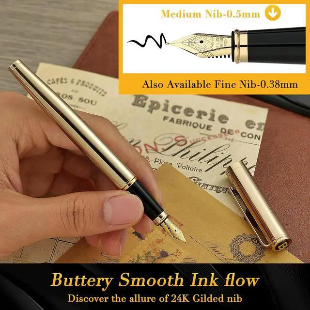 Alt view image 4 of 7 - BEILUNER Gold Fountain Pen,Stunning Luxury Pens with 24K Gold Finish, Gorgeous 24K Gilded Nib(Medium), Fancy Pen Gift Set for Men&Women -Ink Converter-Elegant,Office,Nice Pen for Writing