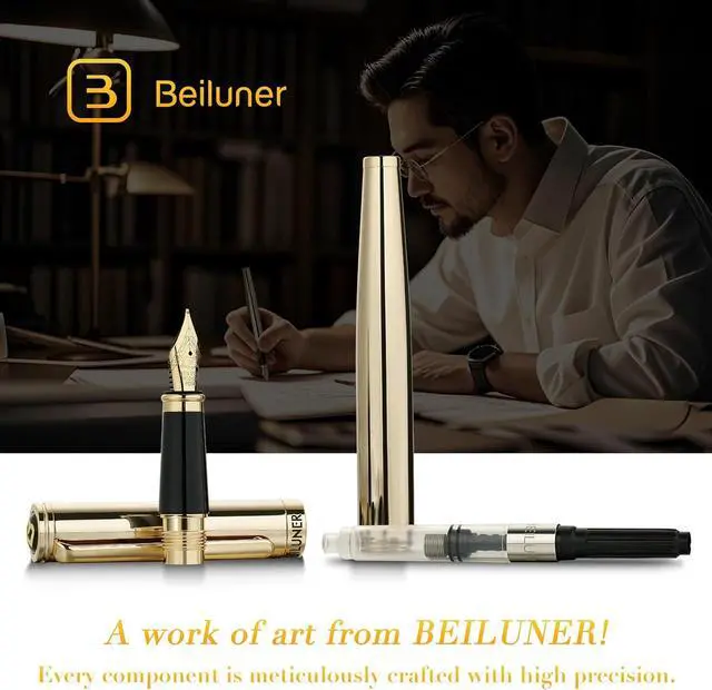 Alt view image 5 of 7 - BEILUNER Gold Fountain Pen,Stunning Luxury Pens with 24K Gold Finish, Gorgeous 24K Gilded Nib(Medium), Fancy Pen Gift Set for Men&Women -Ink Converter-Elegant,Office,Nice Pen for Writing