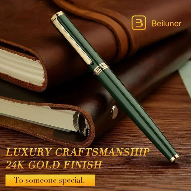 Alt view image 3 of 7 - BEILUNER Racing Green Fountain Pen,Stunning Luxury Pens with 24K Gold Finish, Gorgeous 24K Gilded Nib(Medium), Fancy Pen Gift for Men&Women -Ink Converter-Christmas, Office,Fancy,Nice Pen for Writing