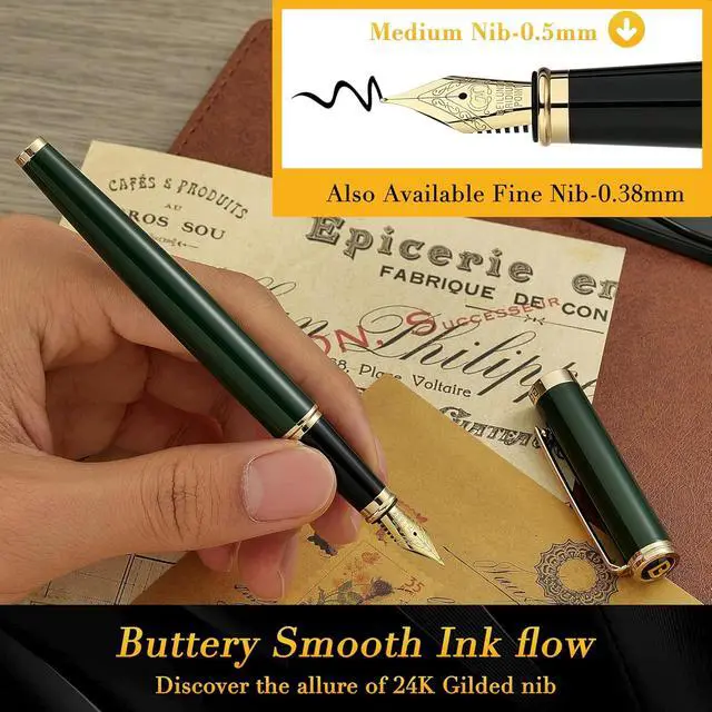 Alt view image 4 of 7 - BEILUNER Racing Green Fountain Pen,Stunning Luxury Pens with 24K Gold Finish, Gorgeous 24K Gilded Nib(Medium), Fancy Pen Gift for Men&Women -Ink Converter-Christmas, Office,Fancy,Nice Pen for Writing