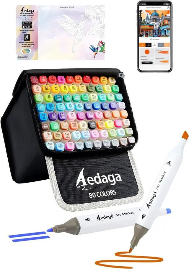 Main image of YHC 80 Colors Alcohol Markers with Free APP, Alcohol-Based Dual Chisel and Fine Tips Markers with Kickstand Case for Adult Coloring, Drawing, Painting and Sketching, Great Gift Idea for Artists